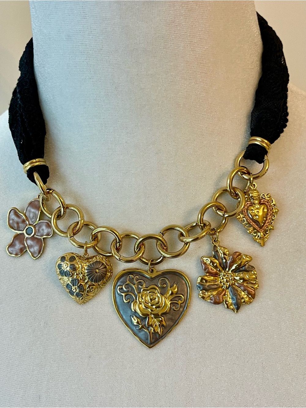 Gold-Tone Steel Floral Oversized Heart Charm Necklace - Black Lace Cord